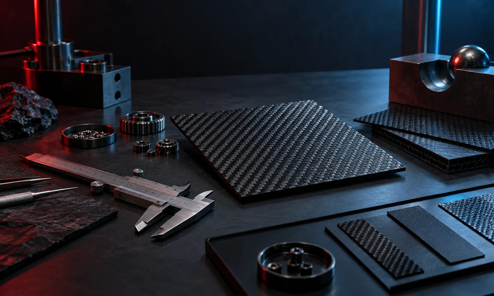 Precision tools and black composite material samples in a dark ROTAR-inspired design studio