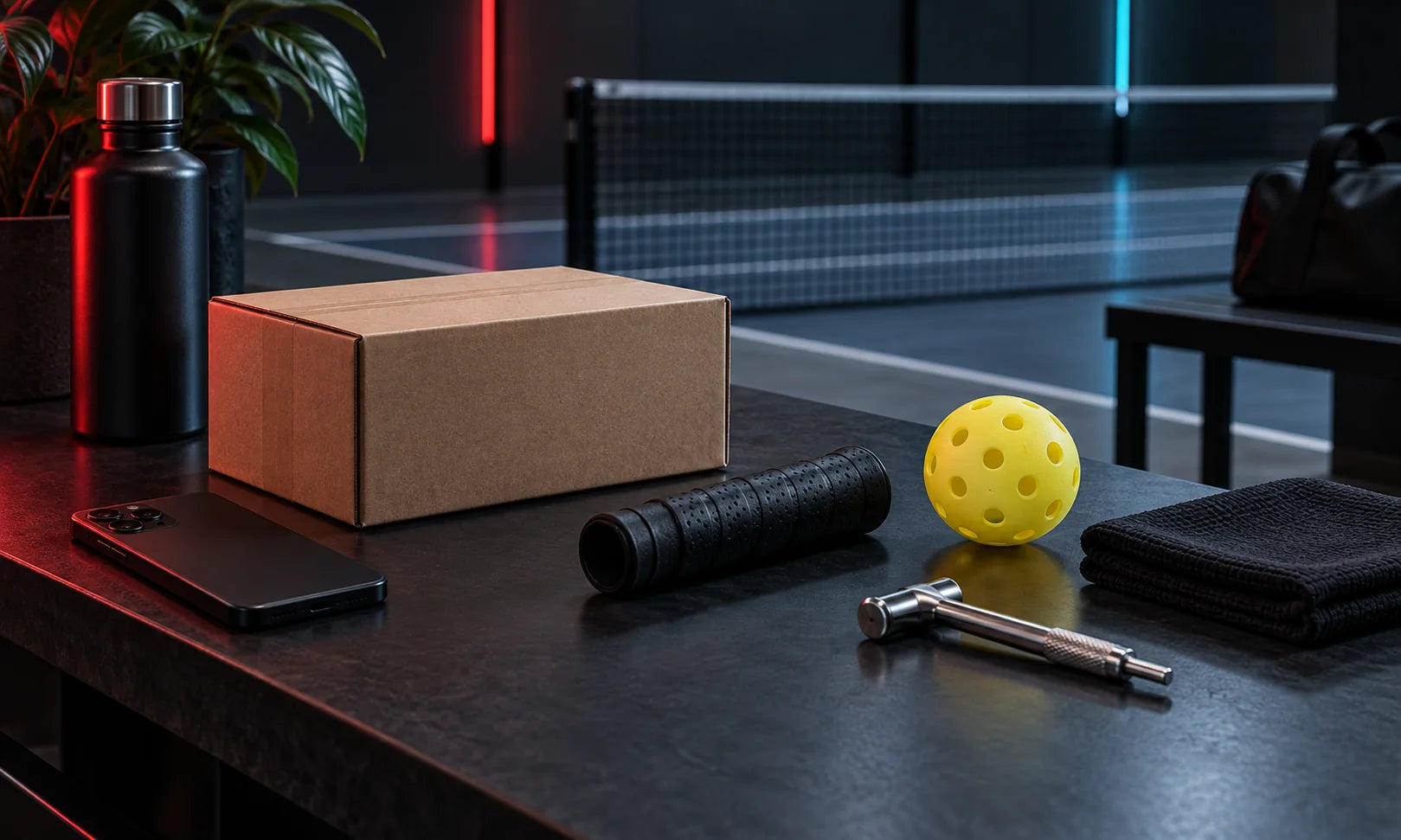 Pickleball support essentials arranged beside a dark indoor court